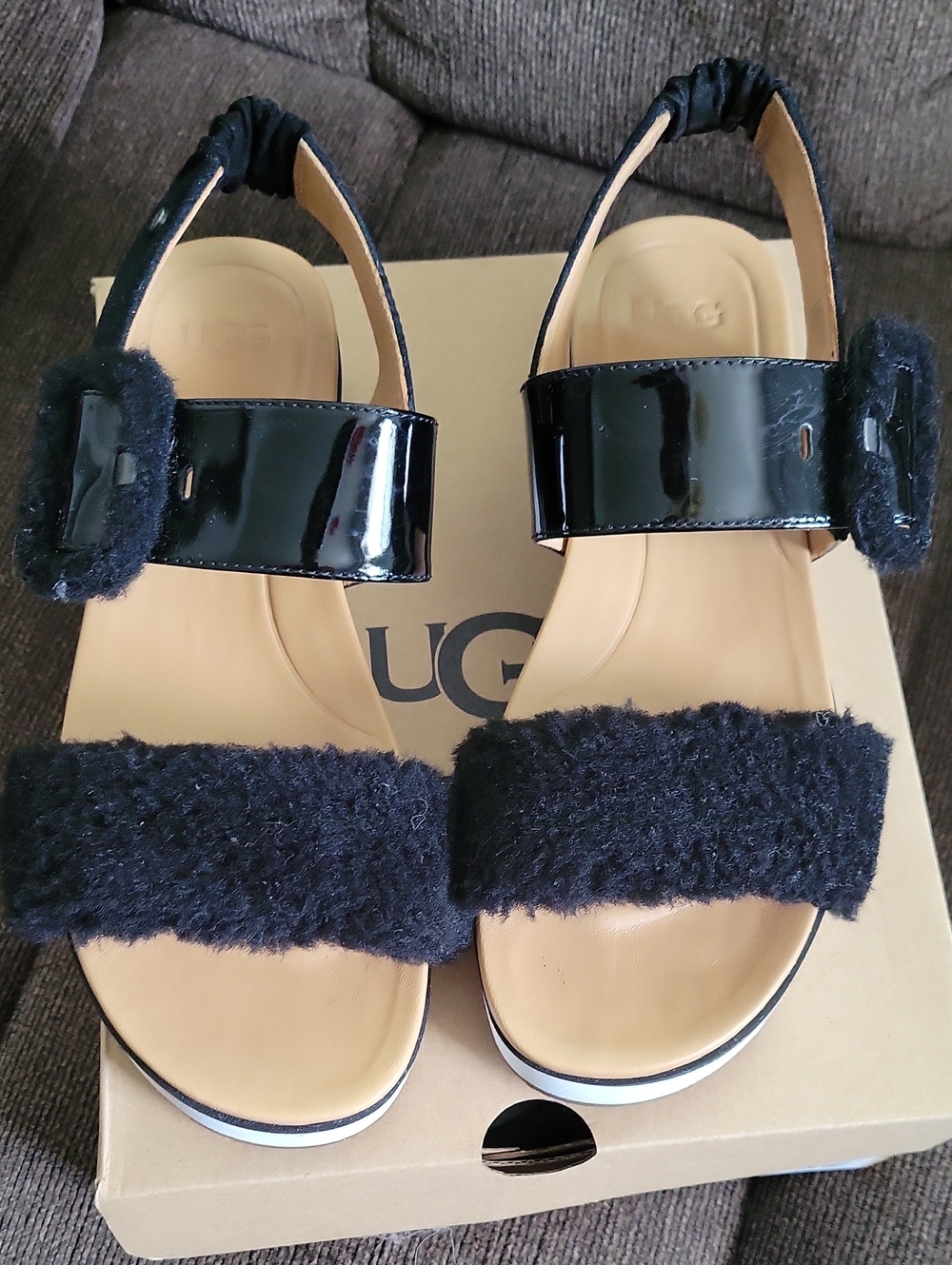 UGG Black Patent Leather & Shearling Slingback Sandals